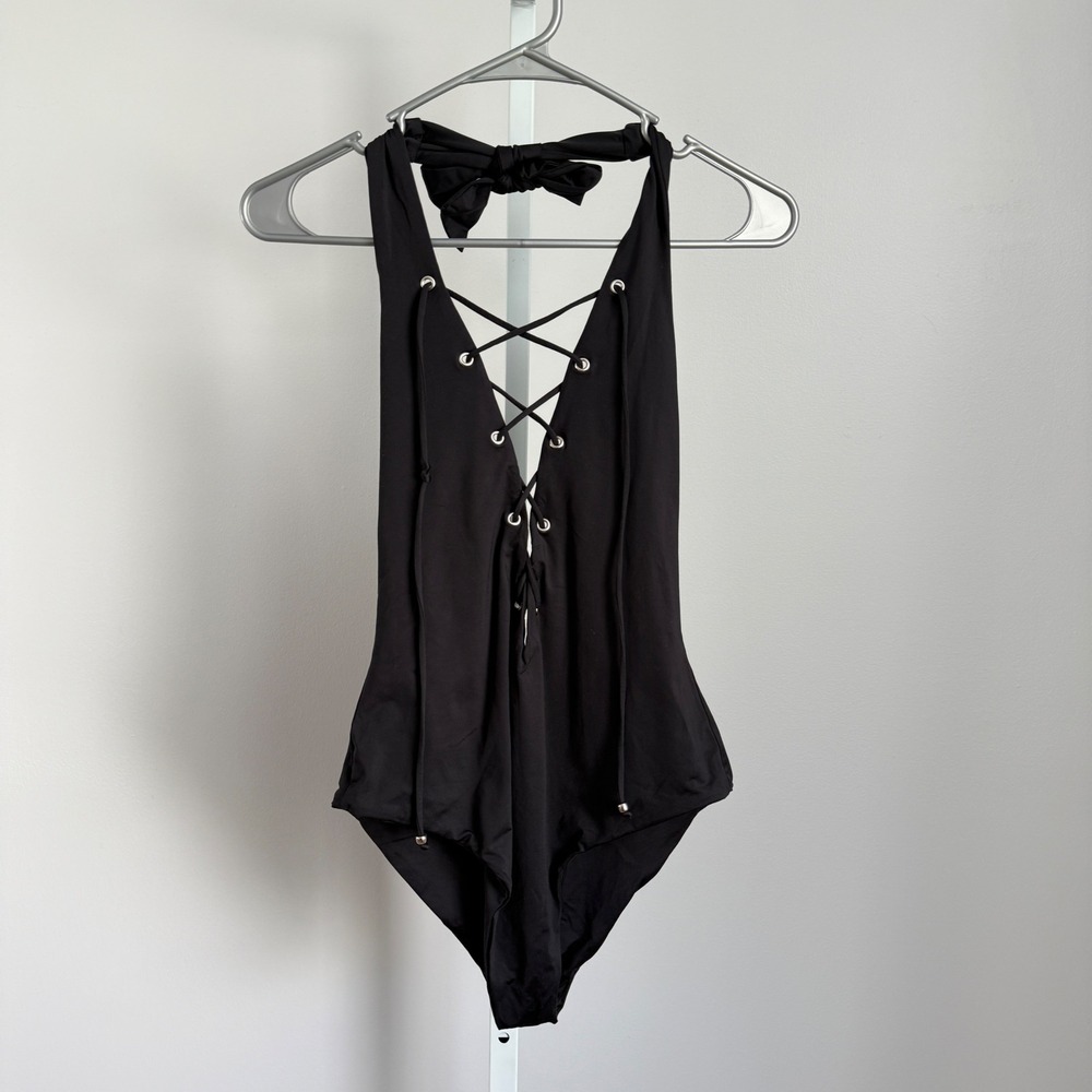 Merrilee's sz M Black Halter Bodysuit Lace Up Sleeveless‎ Whimsigoth Mobwife